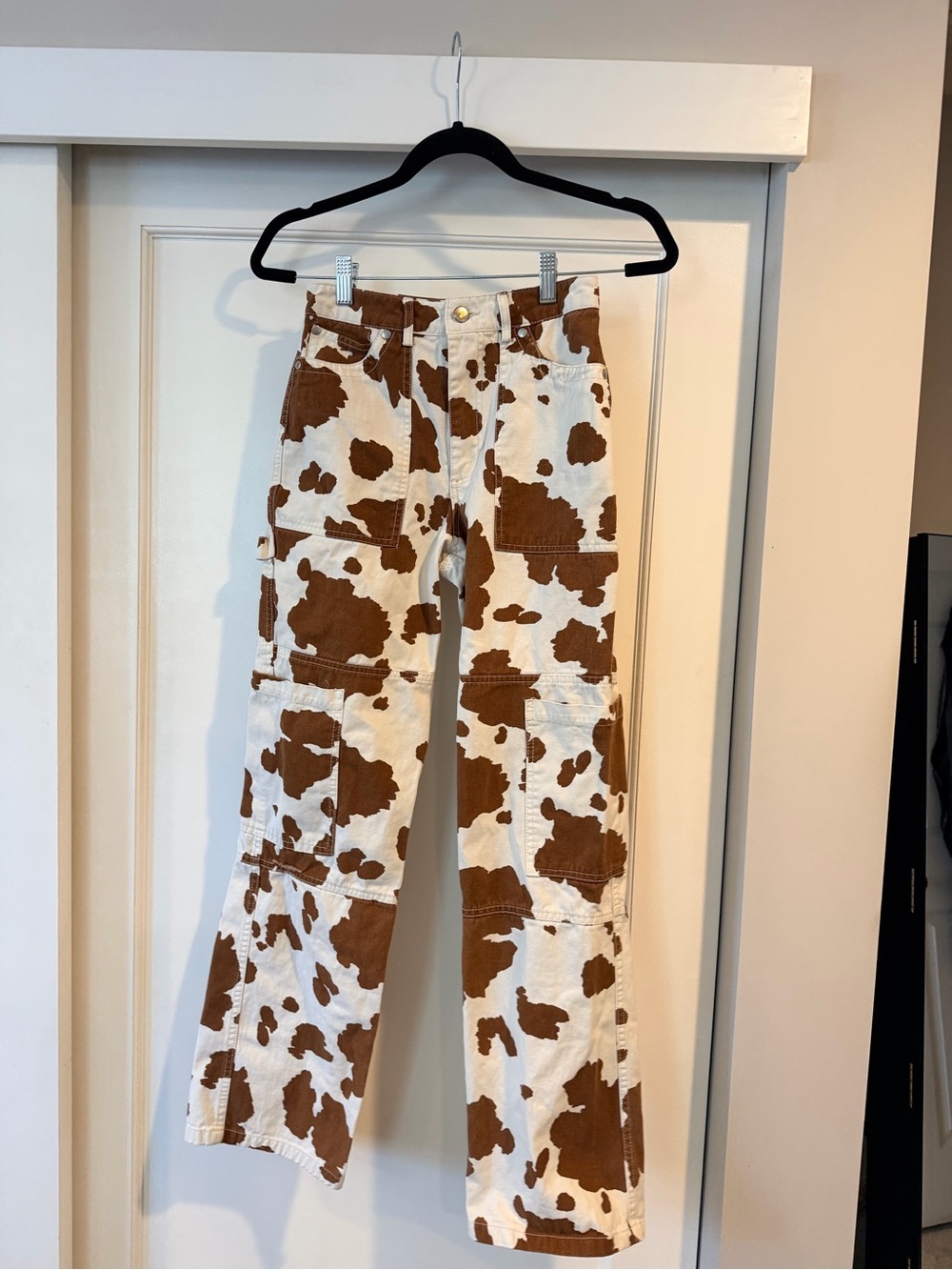 🐄 Forever 21 Cow Print White and Brown Patchwork Cargo Pants Size XS